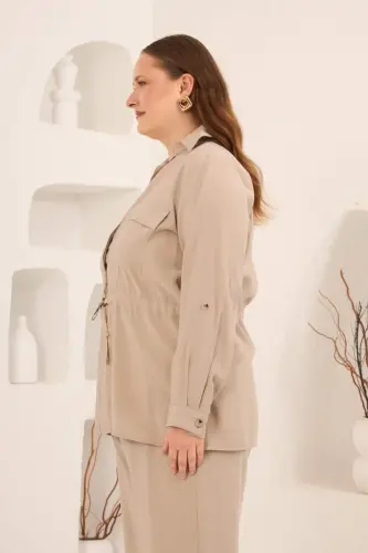 Kolları Piliseli Bel Bağcık Detaylı Kadın Büyük Beden Ceket Bej - 3