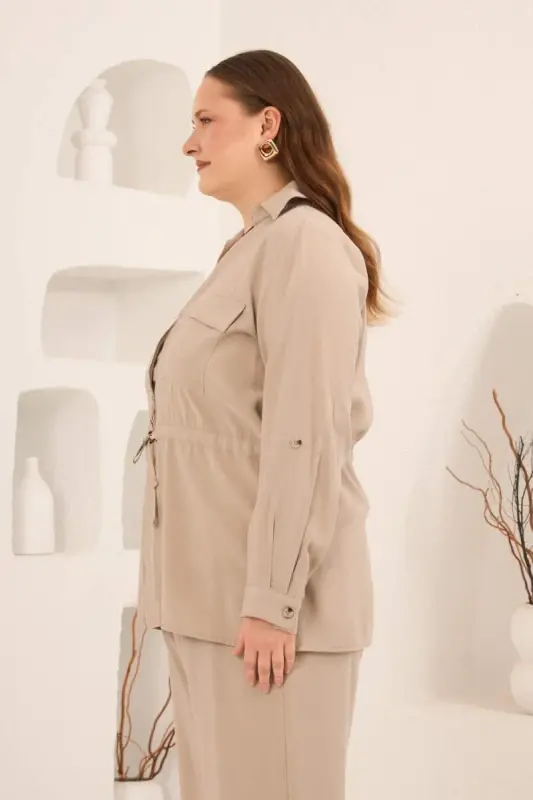 Kolları Piliseli Bel Bağcık Detaylı Kadın Büyük Beden Ceket Bej - 3