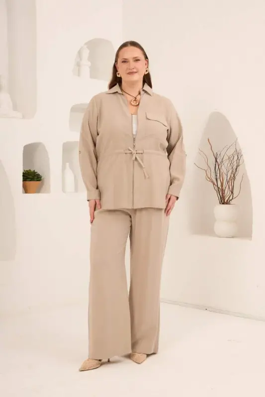 Kolları Piliseli Bel Bağcık Detaylı Kadın Büyük Beden Ceket Bej - 4