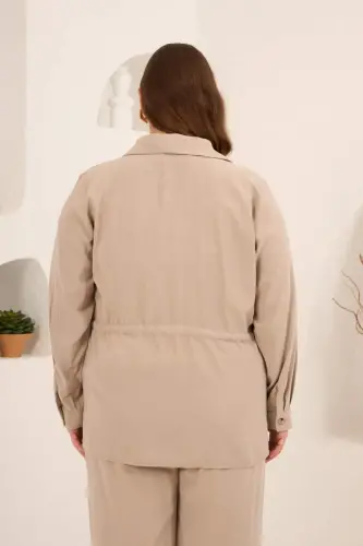 Kolları Piliseli Bel Bağcık Detaylı Kadın Büyük Beden Ceket Bej - 5