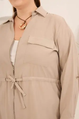 Kolları Piliseli Bel Bağcık Detaylı Kadın Büyük Beden Ceket Bej - BÜYÜKBEDENIZ (1)