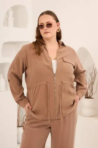 Kolları Piliseli Bel Bağcık Detaylı Kadın Büyük Beden Ceket Camel - 1