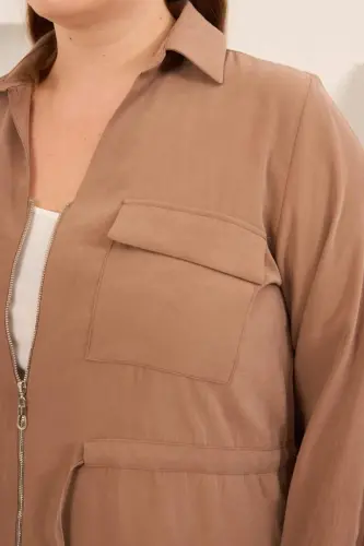 Kolları Piliseli Bel Bağcık Detaylı Kadın Büyük Beden Ceket Camel - 2