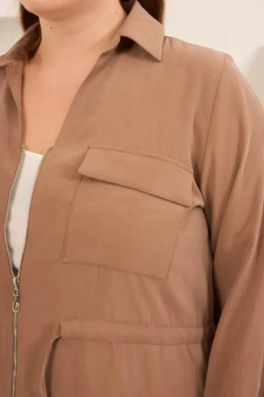 Kolları Piliseli Bel Bağcık Detaylı Kadın Büyük Beden Ceket Camel - 2