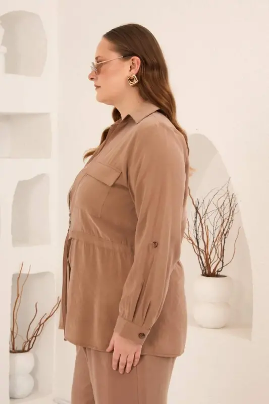 Kolları Piliseli Bel Bağcık Detaylı Kadın Büyük Beden Ceket Camel - 3