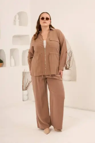 Kolları Piliseli Bel Bağcık Detaylı Kadın Büyük Beden Ceket Camel - 4