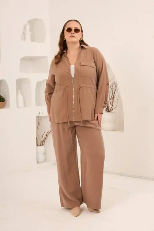 Kolları Piliseli Bel Bağcık Detaylı Kadın Büyük Beden Ceket Camel - 4