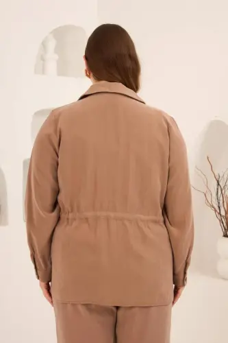 Kolları Piliseli Bel Bağcık Detaylı Kadın Büyük Beden Ceket Camel - 5