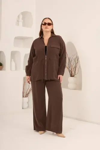 Kolları Piliseli Bel Bağcık Detaylı Kadın Büyük Beden Ceket Kahve - 5