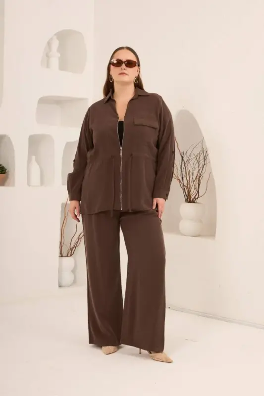 Kolları Piliseli Bel Bağcık Detaylı Kadın Büyük Beden Ceket Kahve - 5