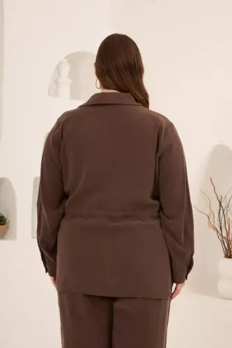 Kolları Piliseli Bel Bağcık Detaylı Kadın Büyük Beden Ceket Kahve - 6