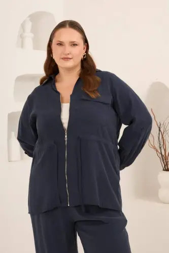 Kolları Piliseli Bel Bağcık Detaylı Kadın Büyük Beden Ceket Lacivert - 1