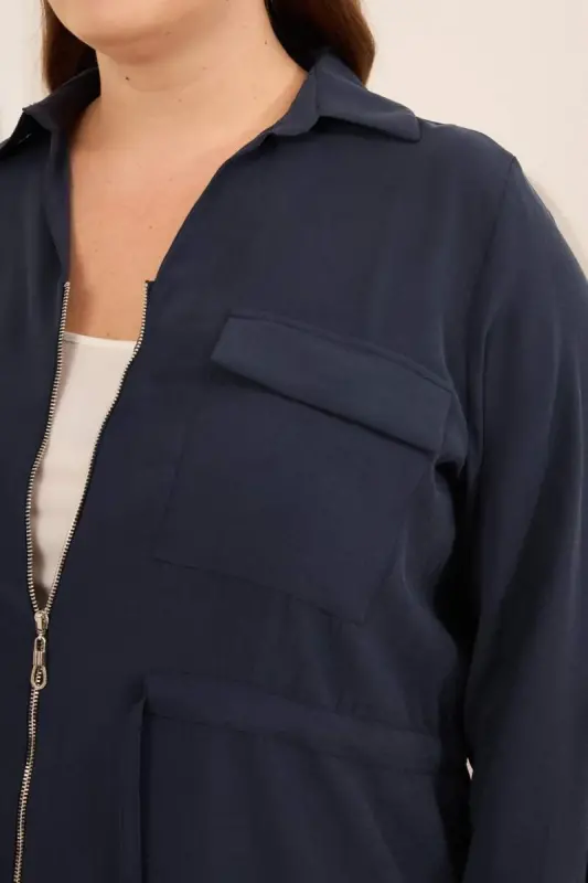 Kolları Piliseli Bel Bağcık Detaylı Kadın Büyük Beden Ceket Lacivert - 2