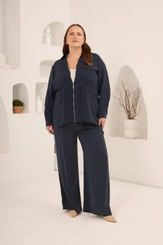 Kolları Piliseli Bel Bağcık Detaylı Kadın Büyük Beden Ceket Lacivert - 5