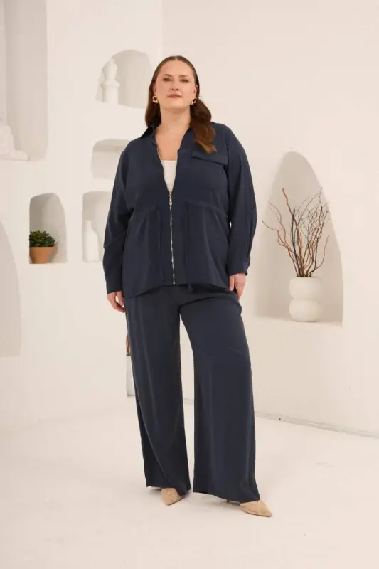 Kolları Piliseli Bel Bağcık Detaylı Kadın Büyük Beden Ceket Lacivert - 5