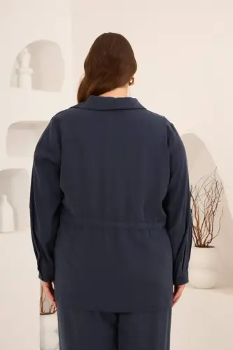 Kolları Piliseli Bel Bağcık Detaylı Kadın Büyük Beden Ceket Lacivert - 6