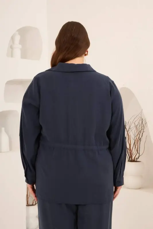 Kolları Piliseli Bel Bağcık Detaylı Kadın Büyük Beden Ceket Lacivert - 6