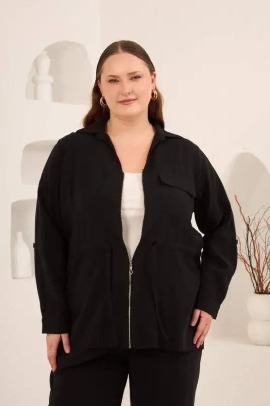 Kolları Piliseli Bel Bağcık Detaylı Kadın Büyük Beden Ceket Siyah - BÜYÜKBEDENIZ