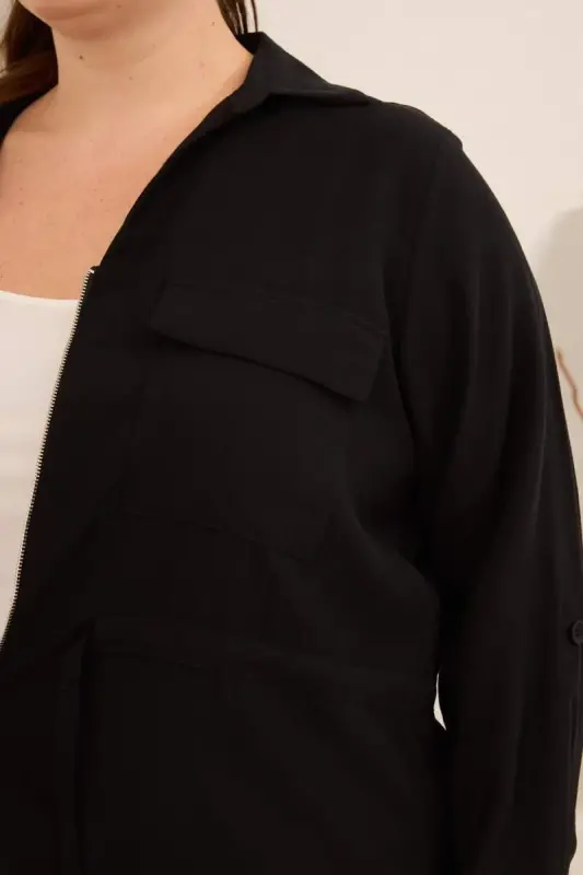 Kolları Piliseli Bel Bağcık Detaylı Kadın Büyük Beden Ceket Siyah - 2