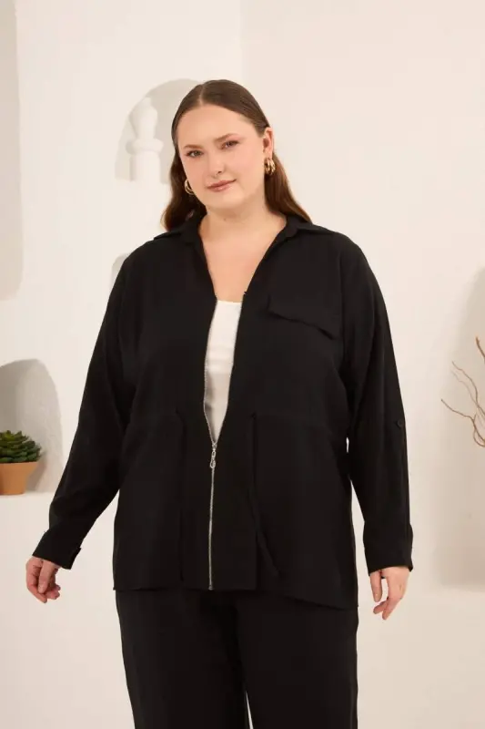 Kolları Piliseli Bel Bağcık Detaylı Kadın Büyük Beden Ceket Siyah - 3
