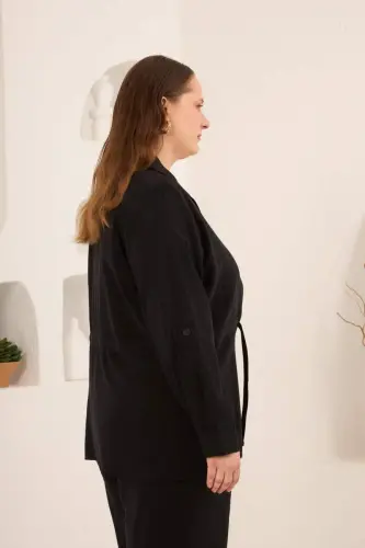 Kolları Piliseli Bel Bağcık Detaylı Kadın Büyük Beden Ceket Siyah - 4