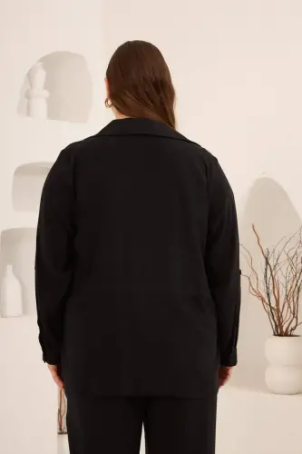 Kolları Piliseli Bel Bağcık Detaylı Kadın Büyük Beden Ceket Siyah - 6