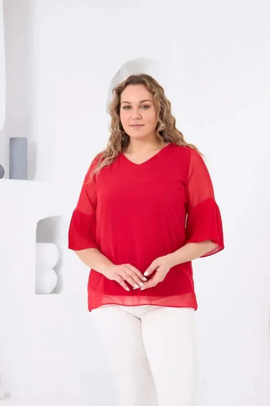 Kolları Piliseli Büyük Beden Bebe Mercan Bluz - 1