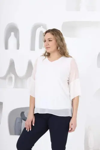 Kolları Piliseli Büyük Beden Beyaz Bluz - 3