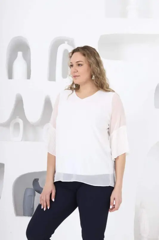 Kolları Piliseli Büyük Beden Beyaz Bluz - 3