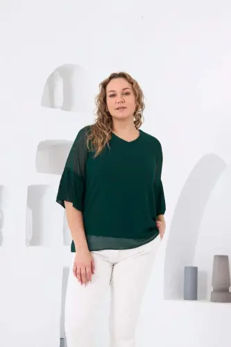 Kolları Piliseli Büyük Beden Zümrüt Bluz - 1