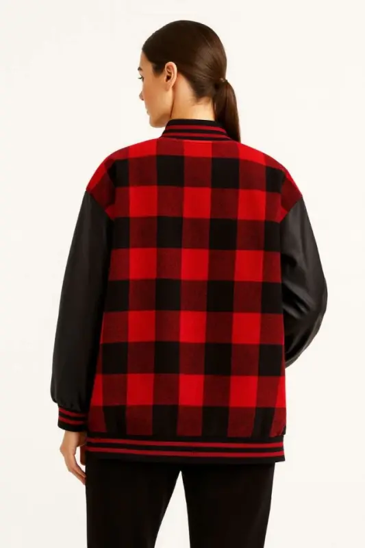 Kollari Sun'iy Teri Ichi Astarlı Oduncu Kollej Ichi Kurtka - Bordo - 2