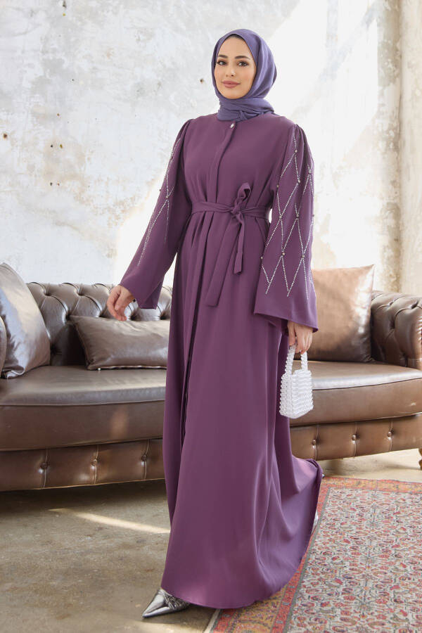 Kolları Taş İşlemeli Abaya - Leylak - 1