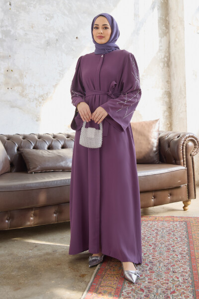 Kolları Taş İşlemeli Abaya - Leylak - 7