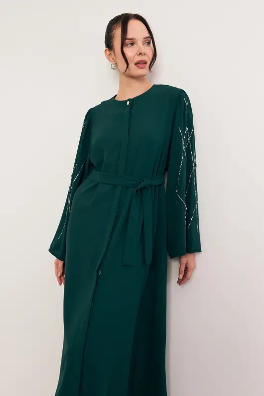 Kolları Taş İşlemeli Abaya - Zümrüt - Zümrüt - 3
