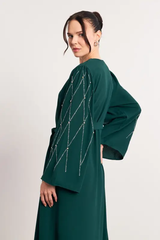 Kolları Taş İşlemeli Abaya - Zümrüt - Zümrüt - 4