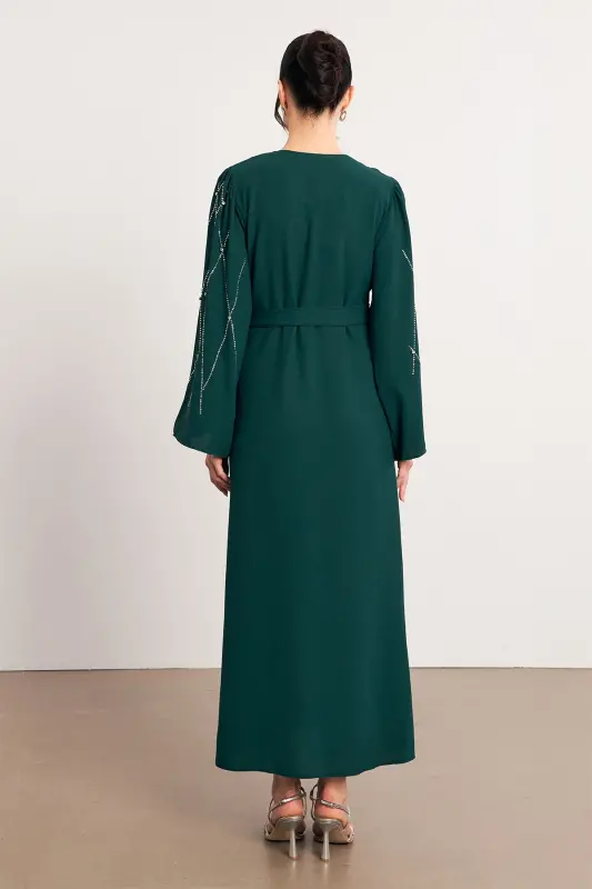 Kolları Taş İşlemeli Abaya - Zümrüt - Zümrüt - 5