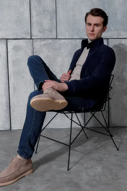 Колледж Настоящая Кожа Темно-Синий Мужской Сумчатый Пиджак - 4