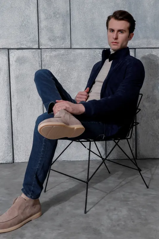 Kollej Haqiqi Teri Ko'k Rangli Erkaklar Suet Ko'ylagi - 4