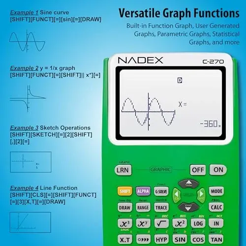 Kollej va o'rta maktab o'quvchilari, muhandislik, oliy matematika, hisoblash, algebra, geometriya, trigonometriya, statistika, fizika, kimyo uchun grafik funksiyali ilmiy kalkulyator, Yashil - 3
