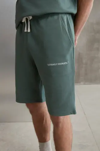 Colombıa Erkek 2'li Set Comfort Fit Rahat Kalıp Yazı Nakışlı Şardonsuz Yeşil Eşofman Takımı-Yeşil - 1