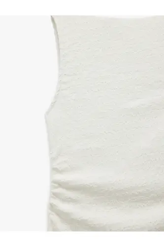 Kolsuz Büzgülü Midi Elbise-Ekru - 3