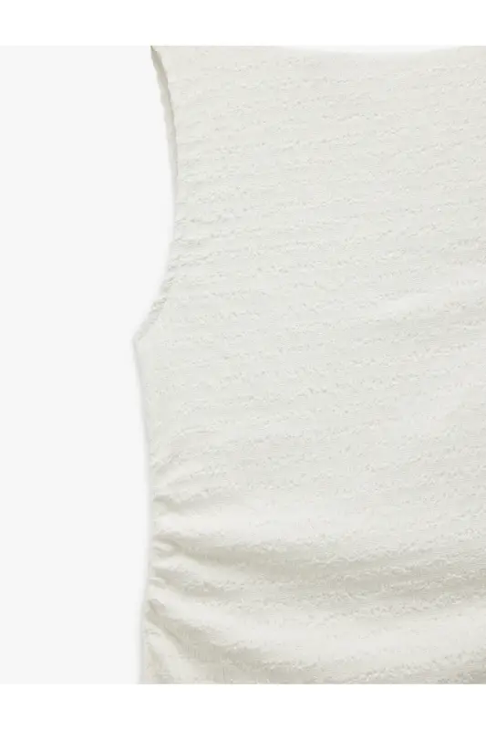 Kolsuz Büzgülü Midi Elbise-Ekru - 3