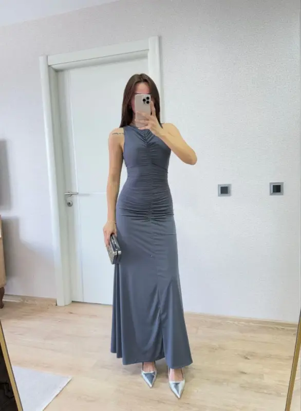 Kolsuz Büzgülü Uzun Elbise - Füme - 3