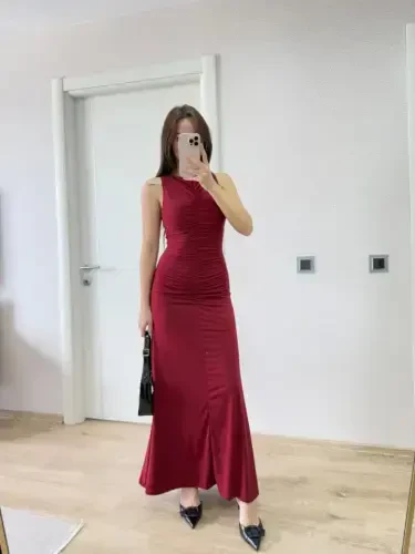 Kolsuz Büzgülü Uzun Elbise - Kırmızı - 4