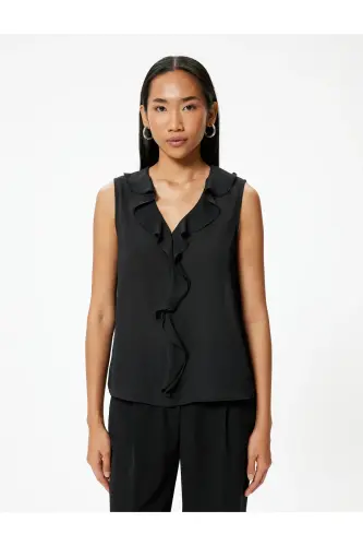 Kolsuz Fırfırlı Şifon Bluz V Yaka-Siyah - 3