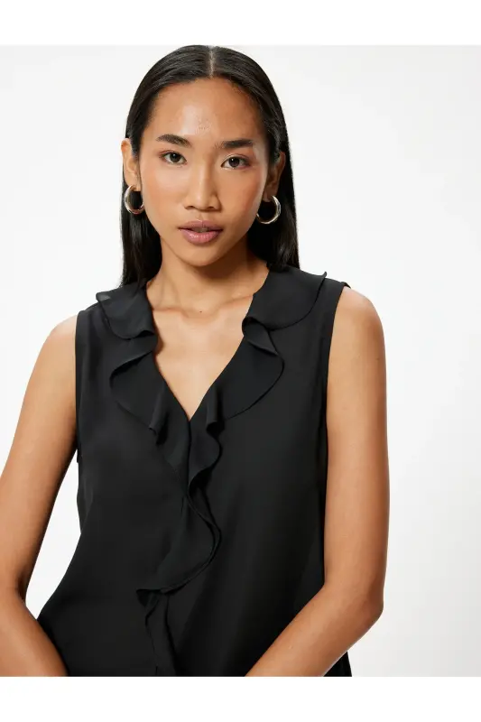 Kolsuz Fırfırlı Şifon Bluz V Yaka-Siyah - 1