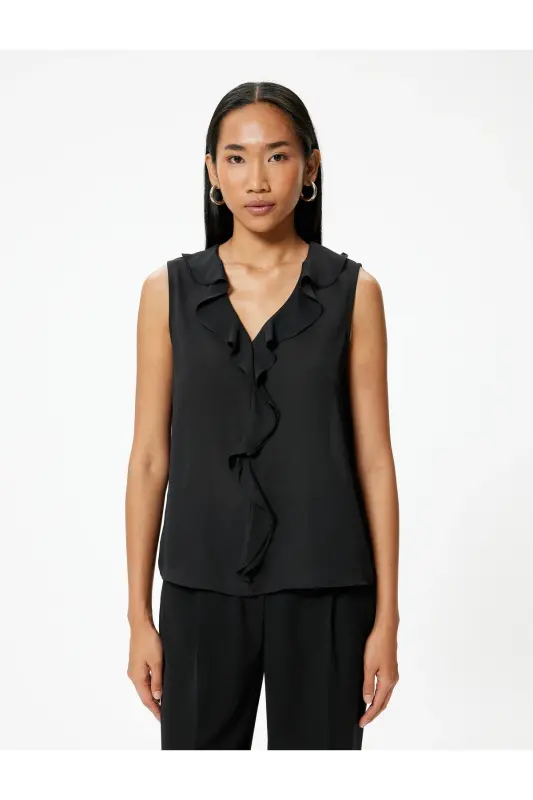 Kolsuz Fırfırlı Şifon Bluz V Yaka-Siyah - 3