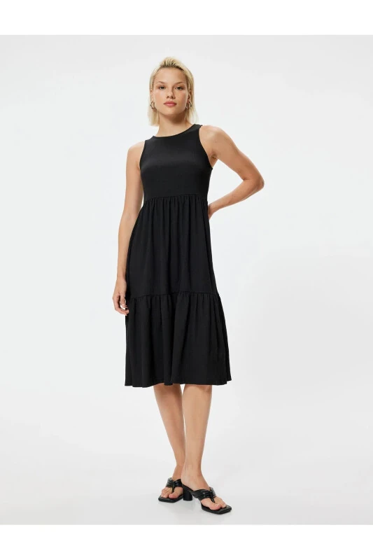 Kolsuz Midi Boy Elbise Yuvarlak Yaka Katlı - Koton