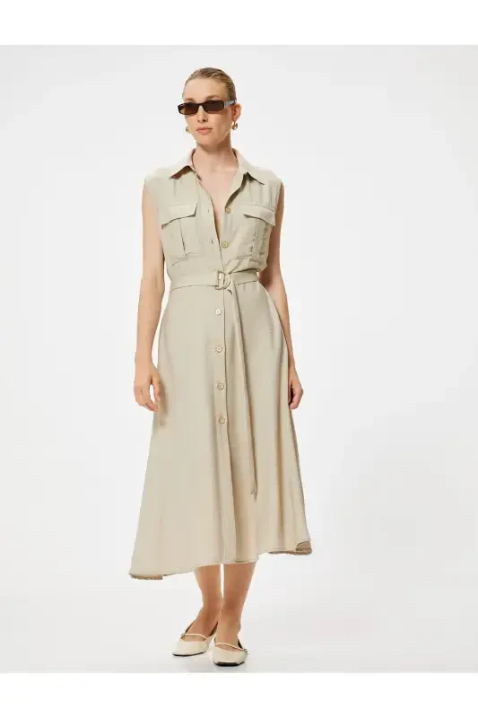 Kolsuz Midi Boy Gömlek Viskon Elbise Kemerli Cep Detaylı - Koton