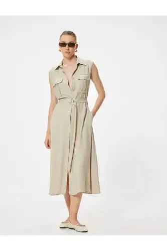 Kolsuz Midi Boy Gömlek Viskon Elbise Kemerli Cep Detaylı - Koton (1)